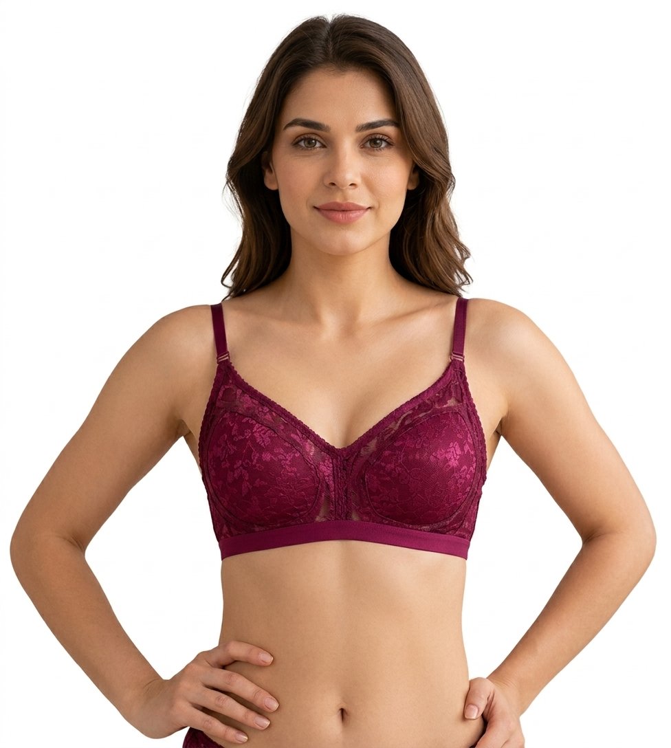 Zawah women's maroon floral lace full coverage bra front view