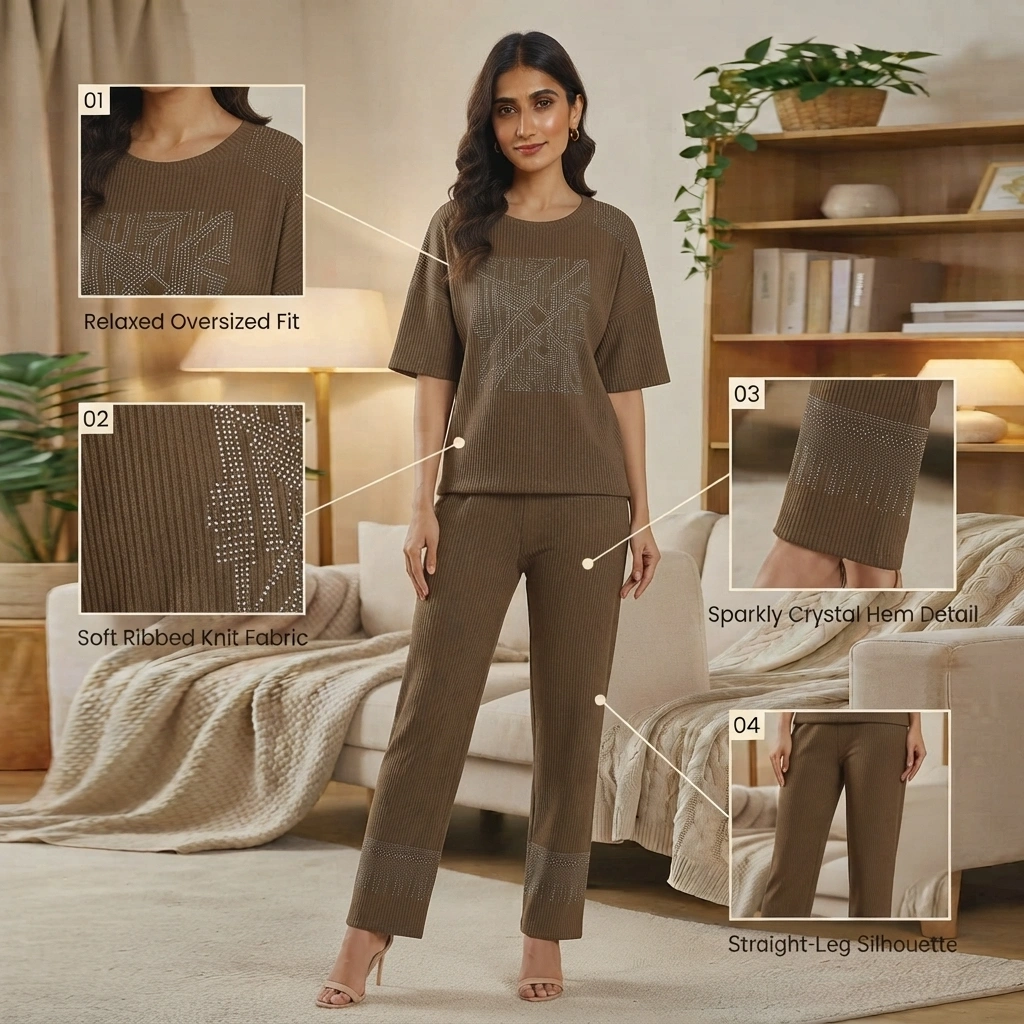 Women’s ribbed knit co-ord set with oversized fit crystal detailing and straight-leg trousers