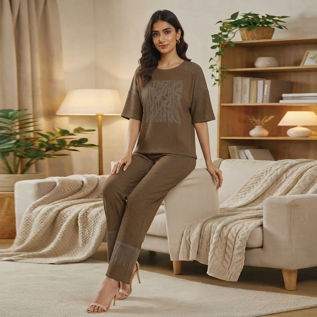 Women’s ribbed knit co-ord set with oversized fit crystal detailing and straight-leg trousers