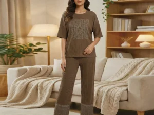 Women’s imported ribbed knit 2-piece co-ord set with crystal embellished oversized top and trousers
