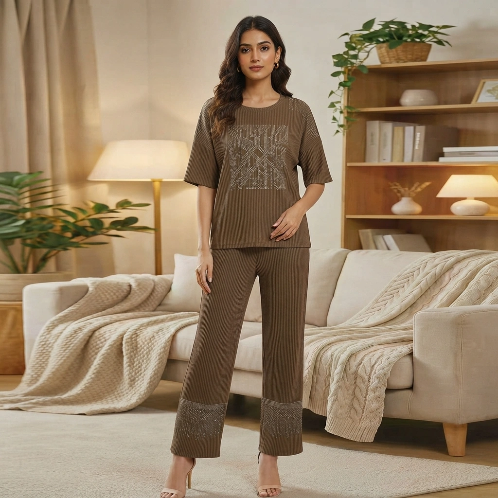Women’s imported ribbed knit 2-piece co-ord set with crystal embellished oversized top and trousers
