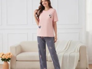 Women's cotton butterfly pajama set with pink top and grey butterfly print pants