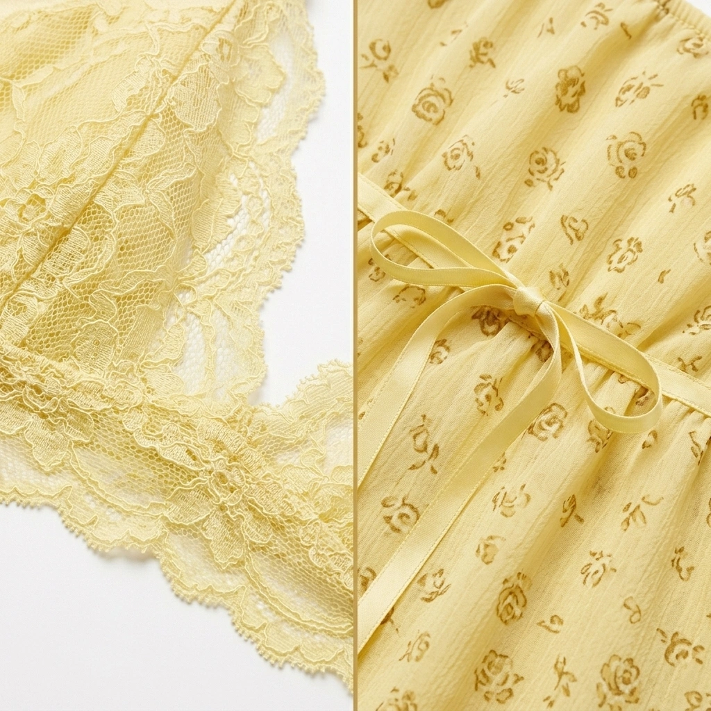 Women's yellow floral lace babydoll night dress with spaghetti straps and handkerchief hem