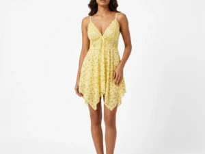 Women's yellow floral lace babydoll night dress with spaghetti straps and handkerchief hem