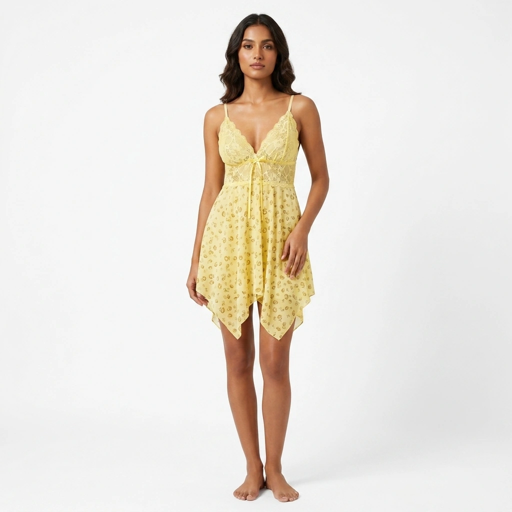 Women's yellow floral lace babydoll night dress with spaghetti straps and handkerchief hem