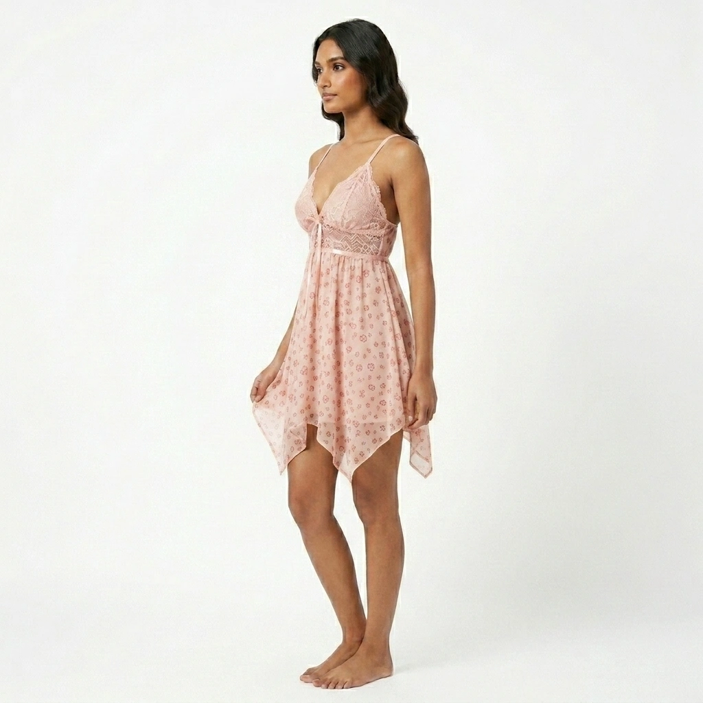 Women's pink floral lace babydoll night dress with spaghetti straps and handkerchief hem