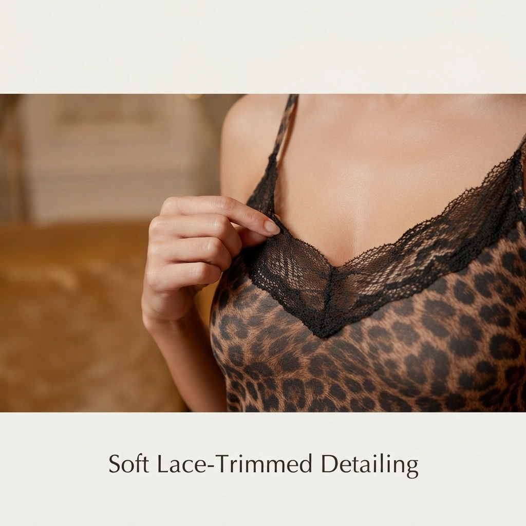 Woman wearing leopard print 3-piece lingerie set with sheer lace robe