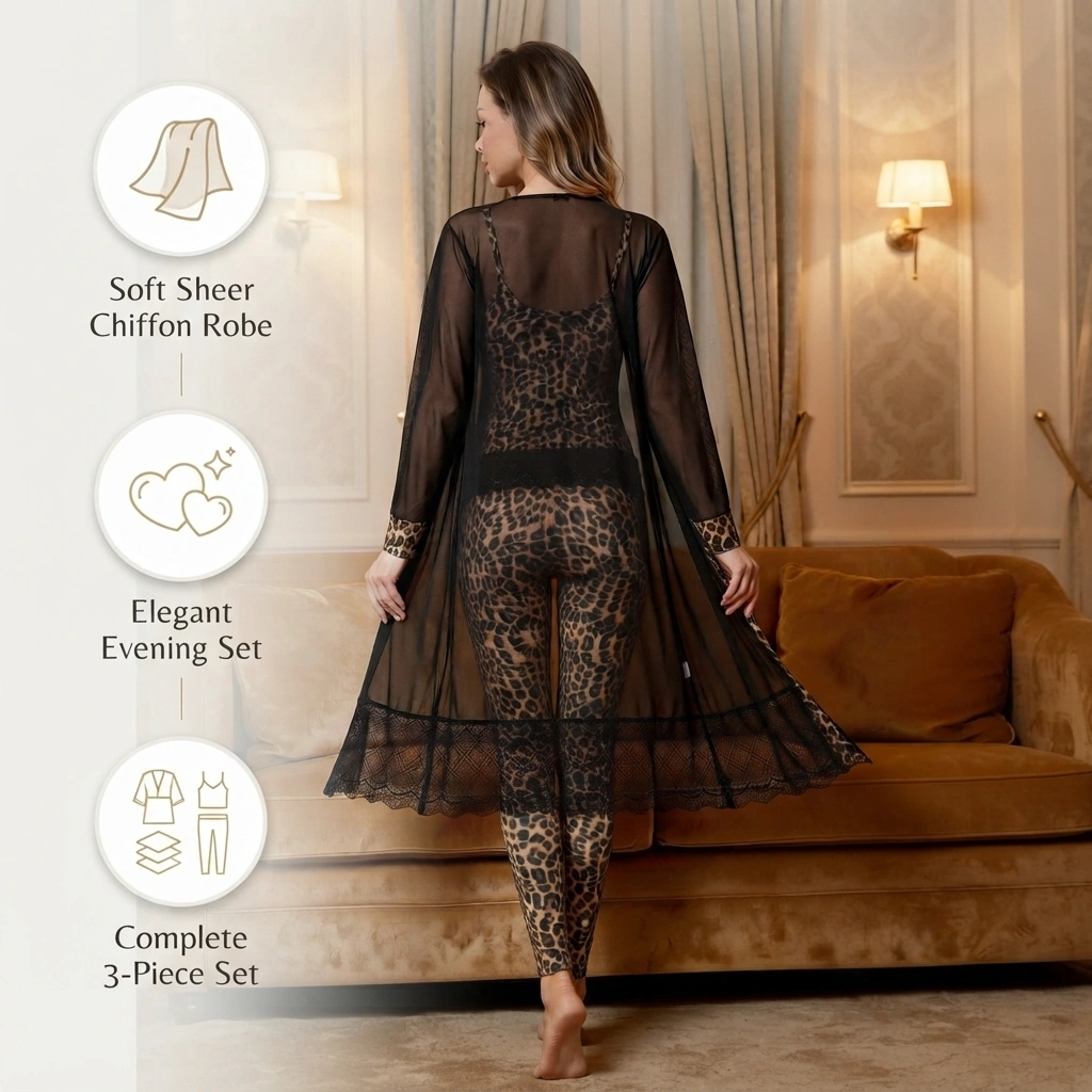 Woman wearing leopard print 3-piece lingerie set with sheer lace robe
