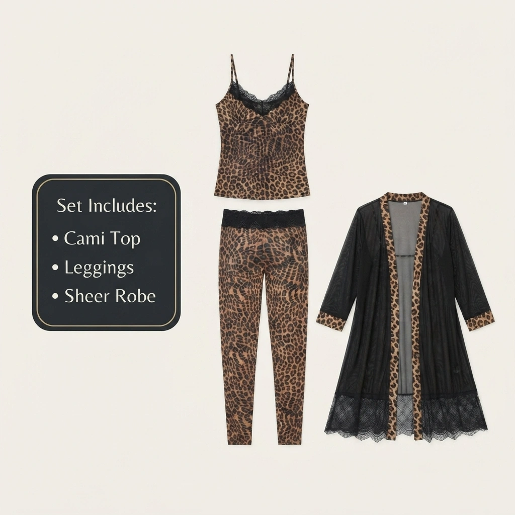 Leopard print cami top leggings and black sheer robe 3-piece lingerie set