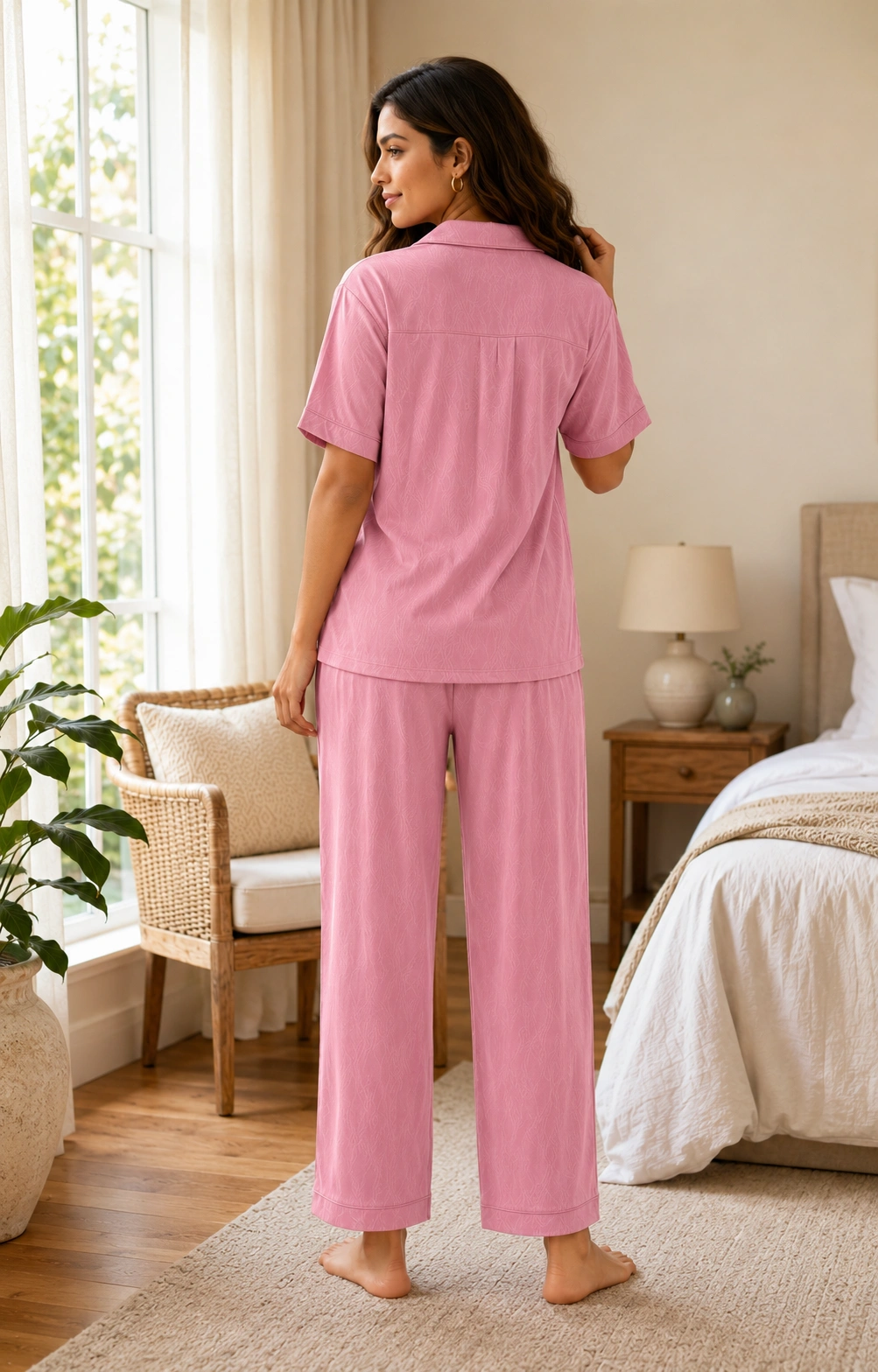 Back view of women’s pink button-up pajama set with matching full-length pants
