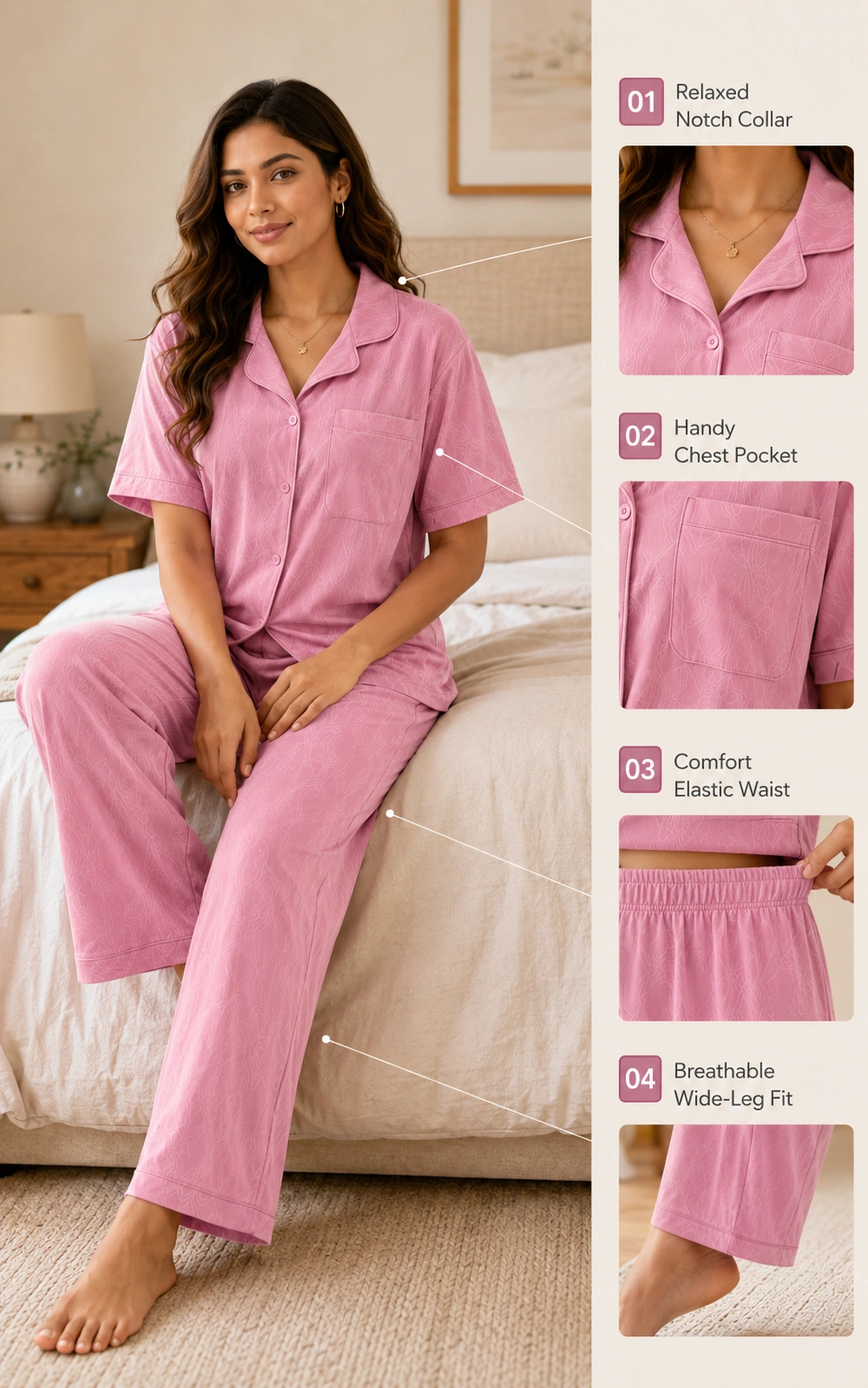 Woman wearing pink women’s pajama set with short sleeve button-up top and long pants
