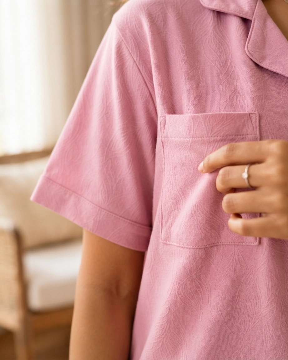 Woman wearing pink women’s pajama set with short sleeve button-up top and long pants