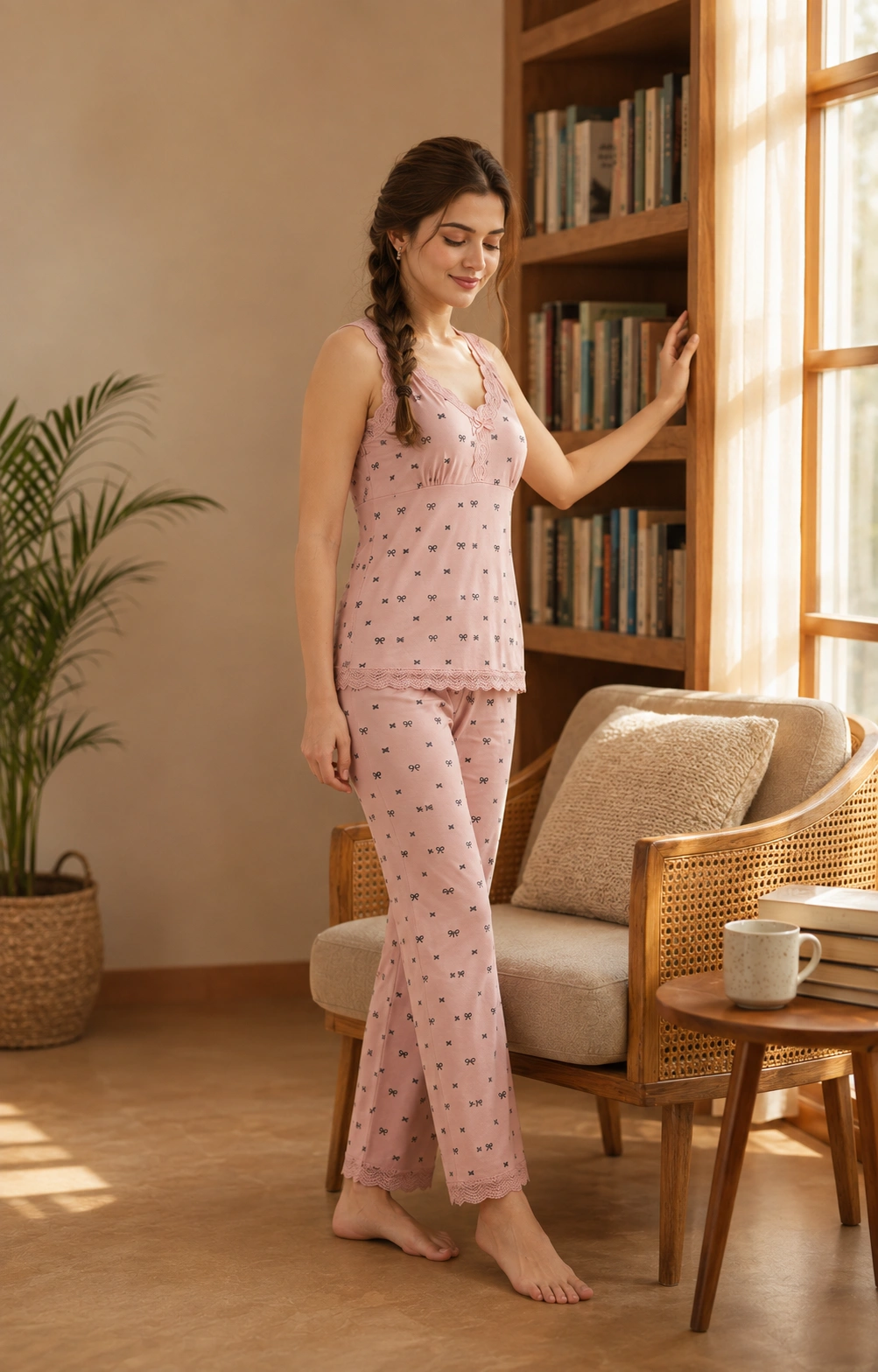 Women’s pink printed pajama set with lace trim camisole and matching trousers