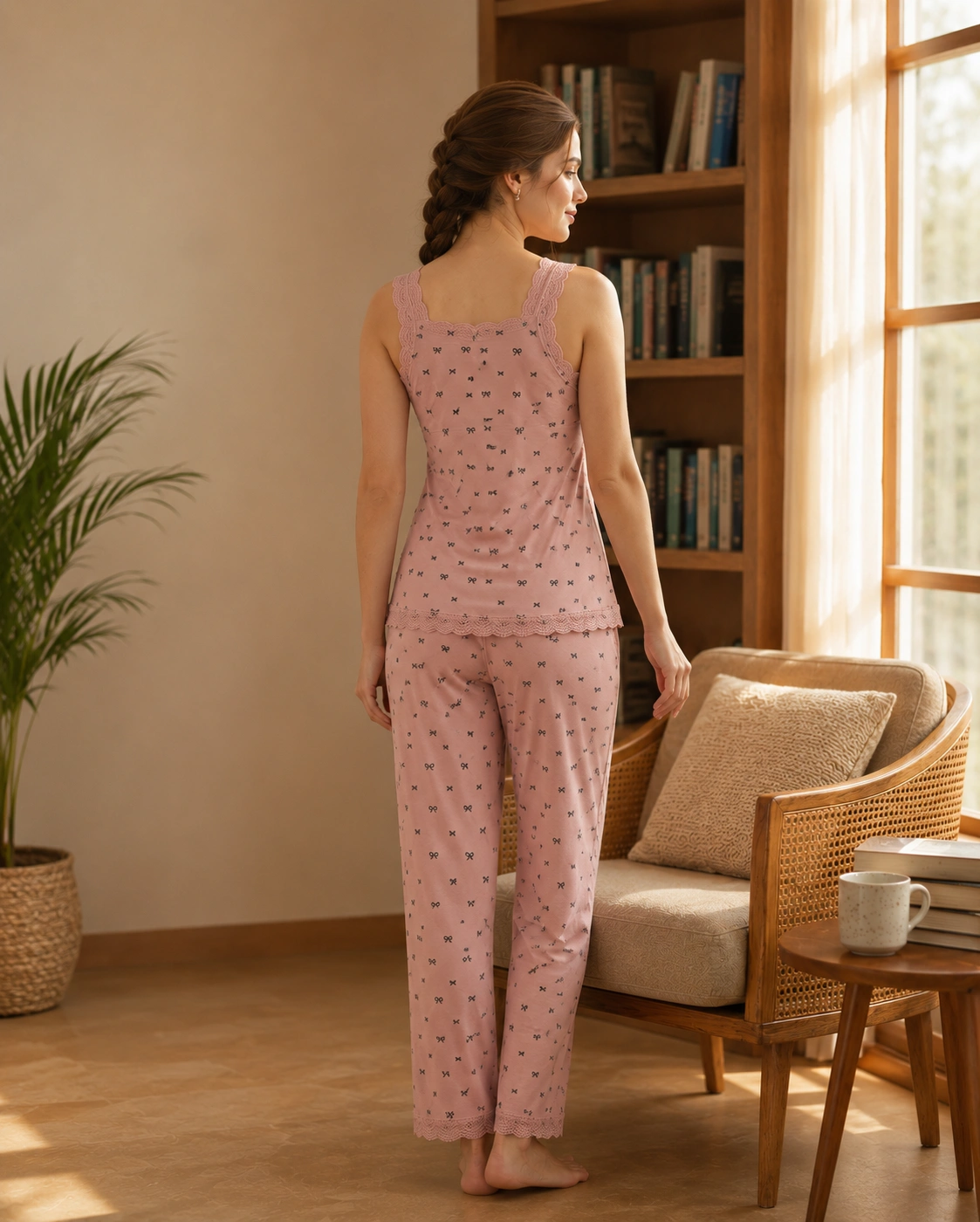 Women’s pink printed pajama set with lace trim camisole and matching trousers