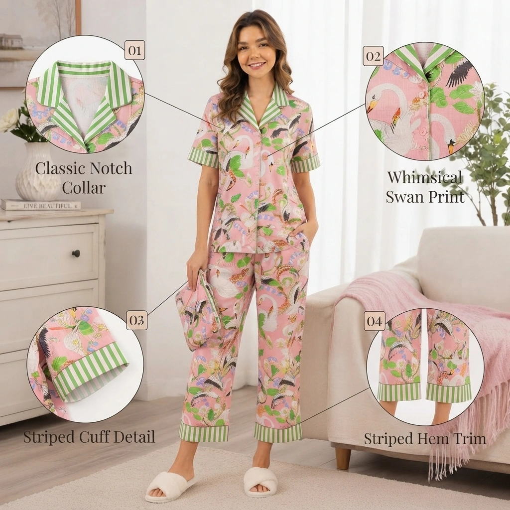 Woman wearing pink printed satin-feel pajama set with matching pouch