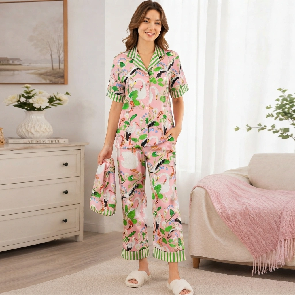 Women’s pink printed pajama set with notch collar striped cuffs and matching pouch