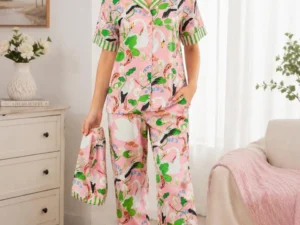 Women’s pink printed pajama set with notch collar striped cuffs and matching pouch