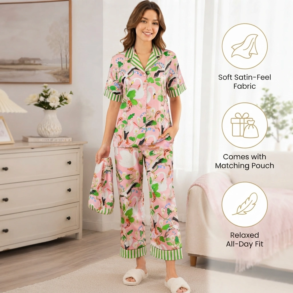 Women’s pink printed pajama set with notch collar striped cuffs and matching pouch