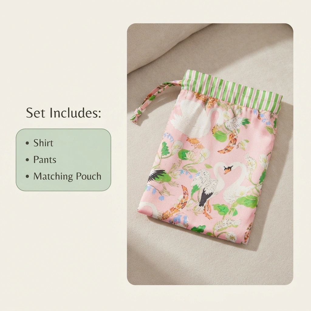 Woman wearing pink printed satin-feel pajama set with matching pouch