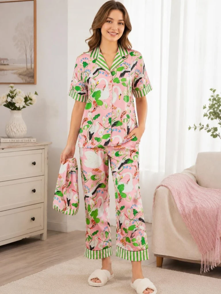 Women’s pink printed pajama set with notch collar striped cuffs and matching pouch