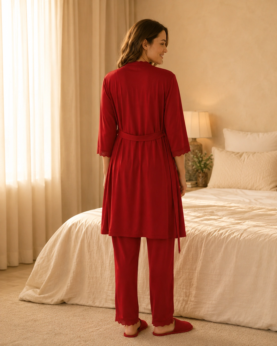 Women’s satin 3-piece night suit with lace robe and matching pajama