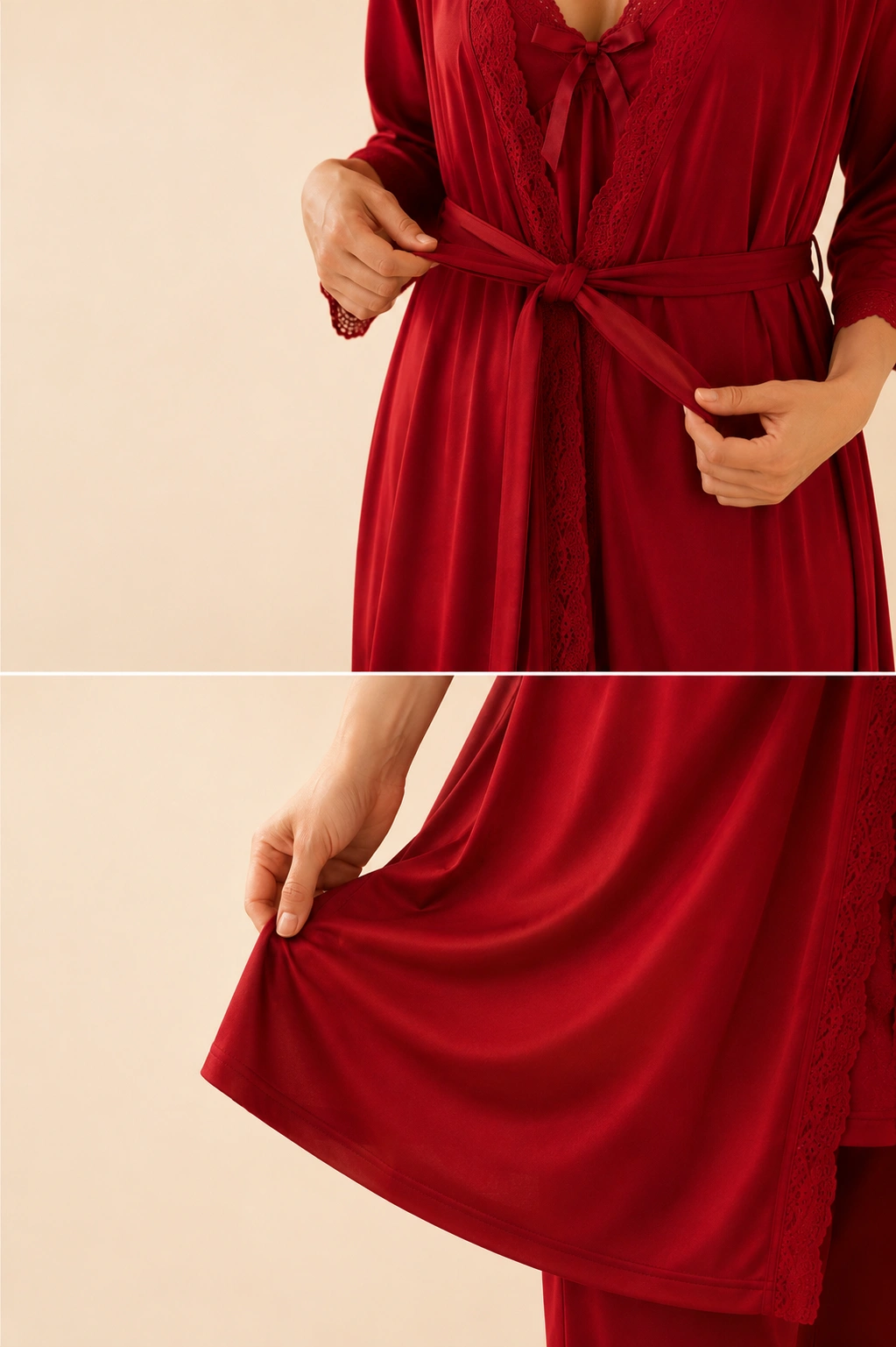 Women’s satin 3-piece night suit with lace robe and matching pajama