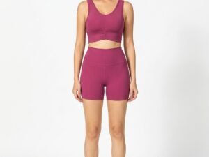 women's maroon high-waist biker shorts and sports bra activewear set front view