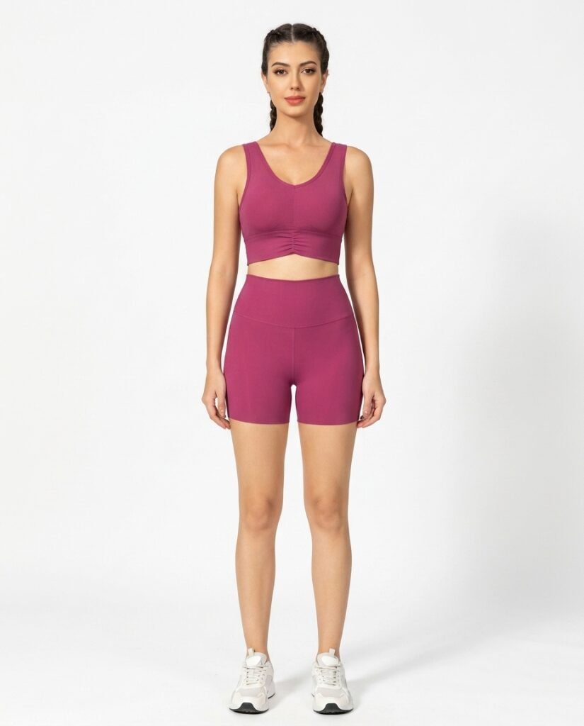 women's maroon high-waist biker shorts and sports bra activewear set front view