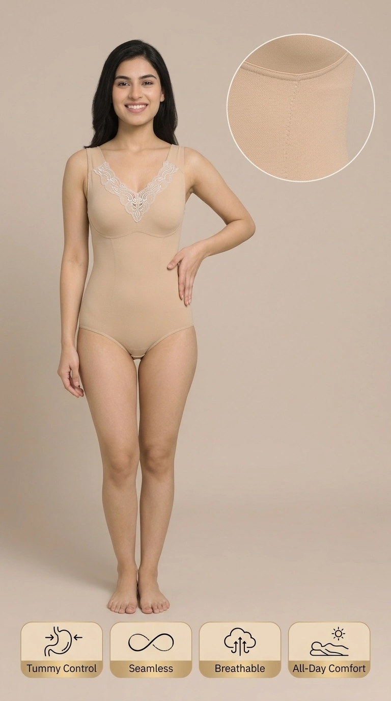 Women’s nude seamless shapewear bodysuit with tummy control and lace neckline