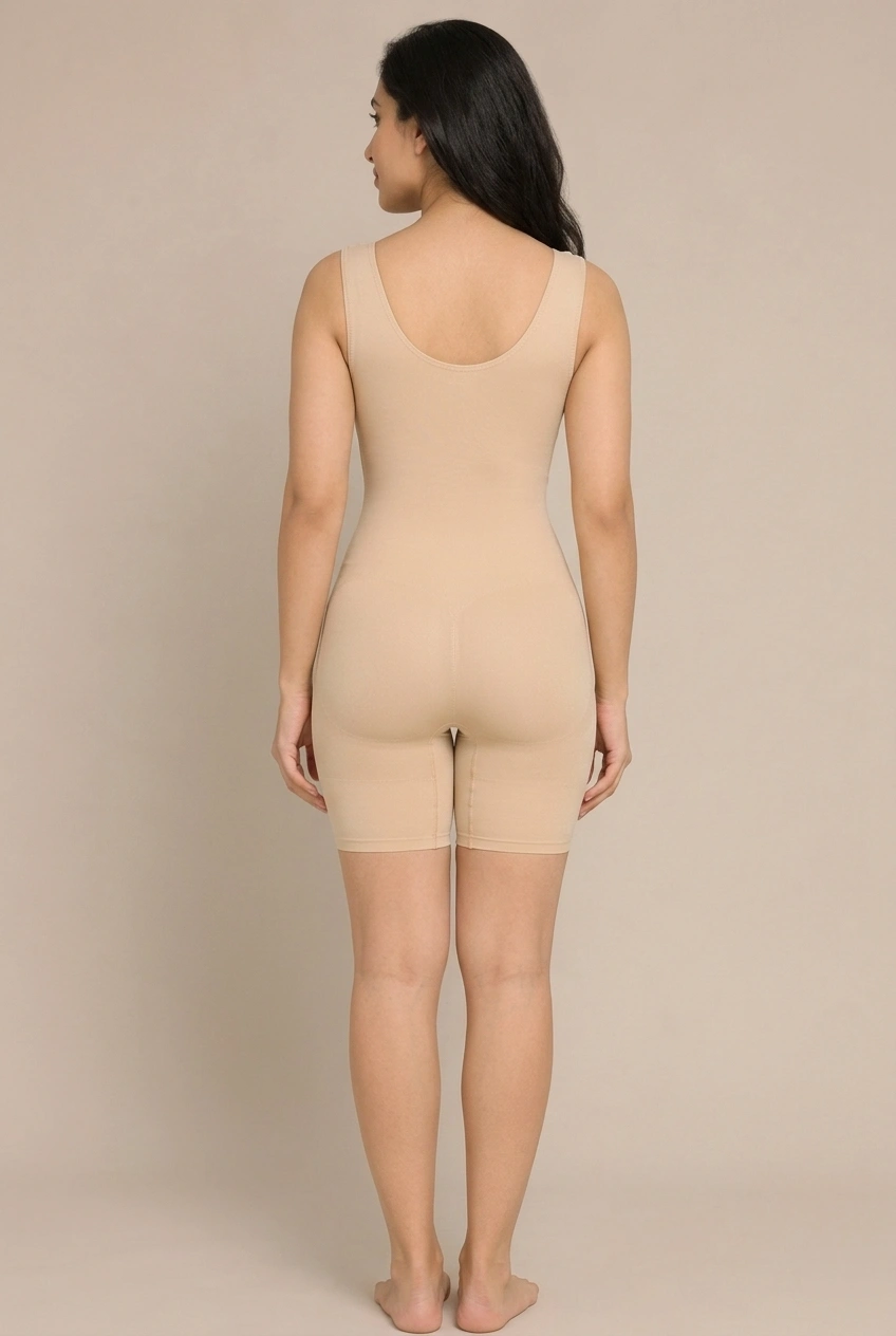 Women’s nude seamless shapewear bodysuit with tummy control and lace neckline