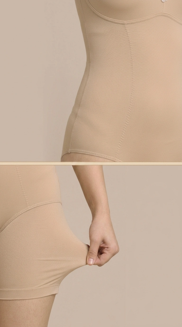 Women’s nude seamless shapewear bodysuit with tummy control and lace neckline