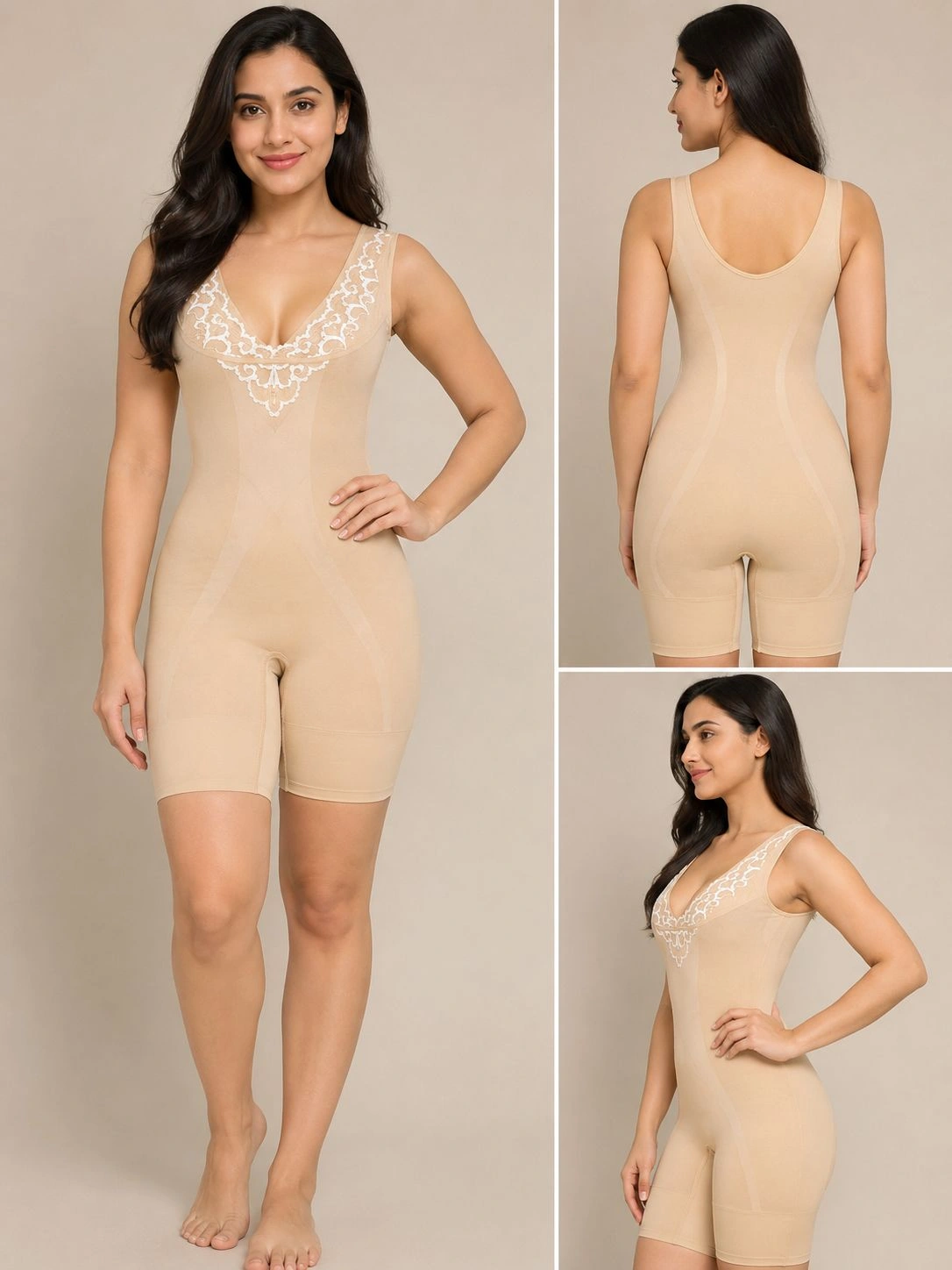 Women’s nude seamless shapewear bodysuit with tummy control and lace neckline