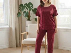Women’s printed jersey pajama set showing relaxed round neckline, short sleeves and straight-leg pants