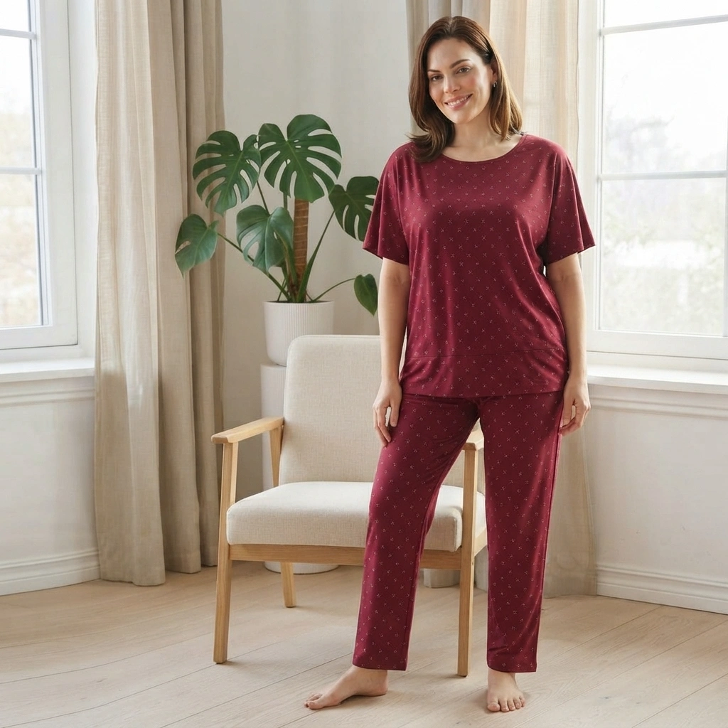 Women’s printed jersey pajama set showing relaxed round neckline, short sleeves and straight-leg pants