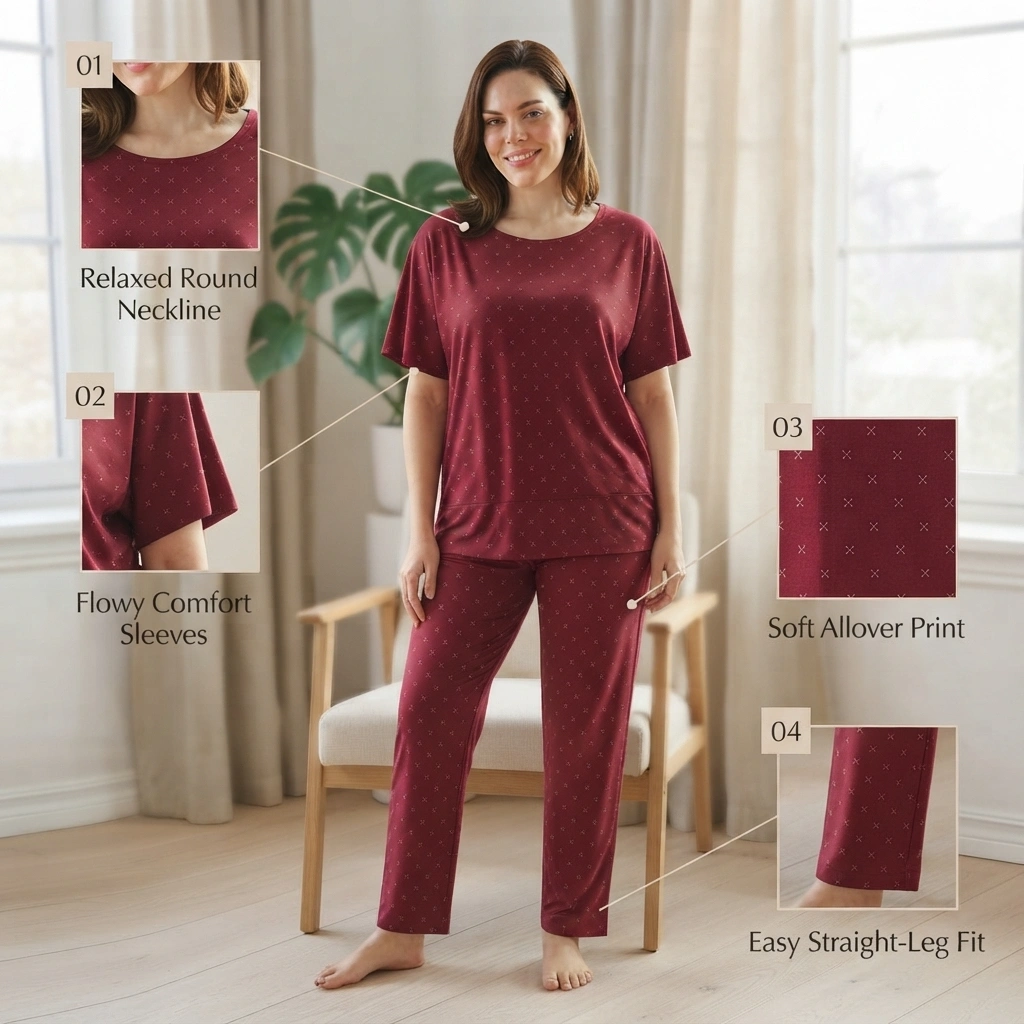 Women’s printed jersey pajama set showing relaxed round neckline, short sleeves and straight-leg pants