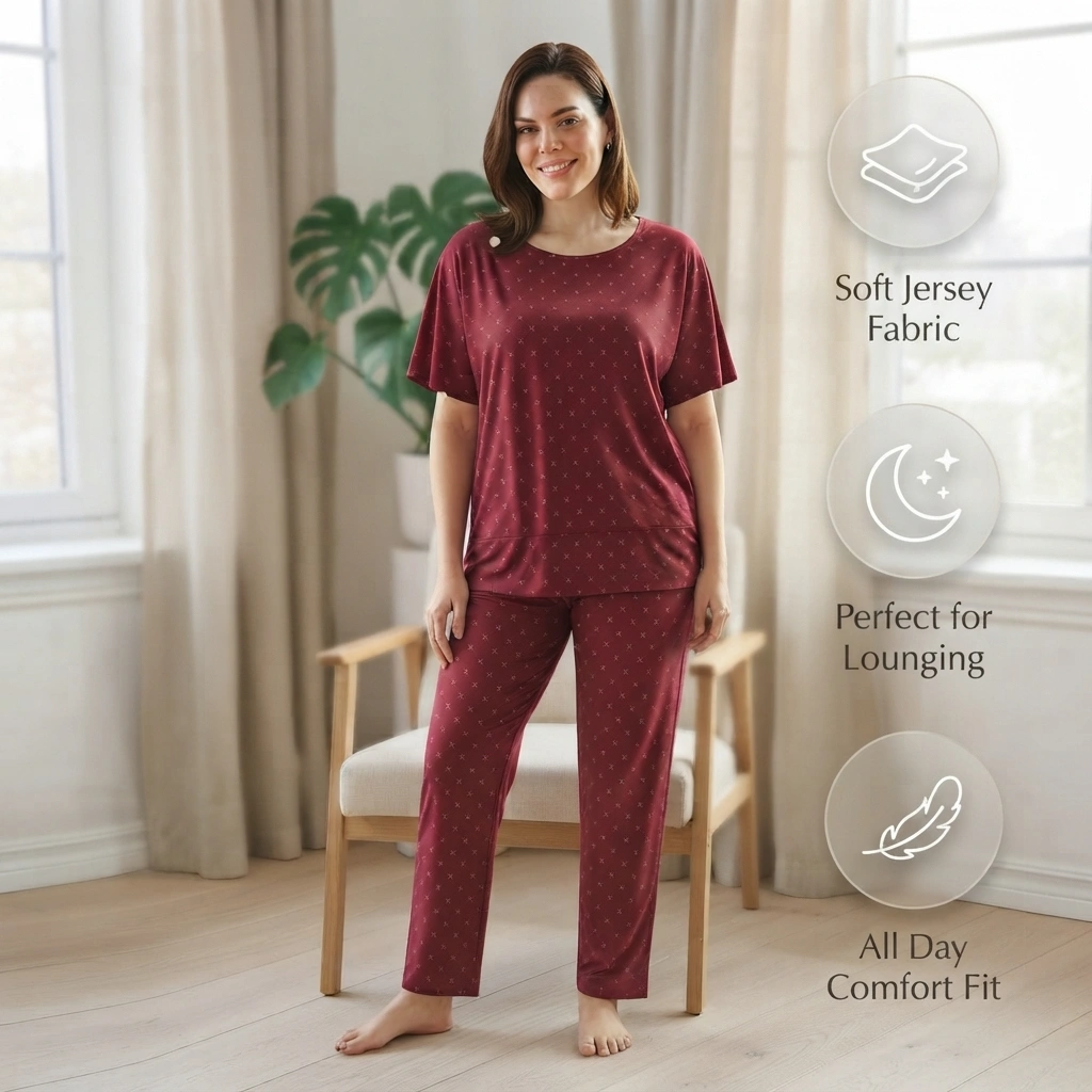 Women’s soft jersey night suit set in maroon with printed short sleeve top and matching pajama