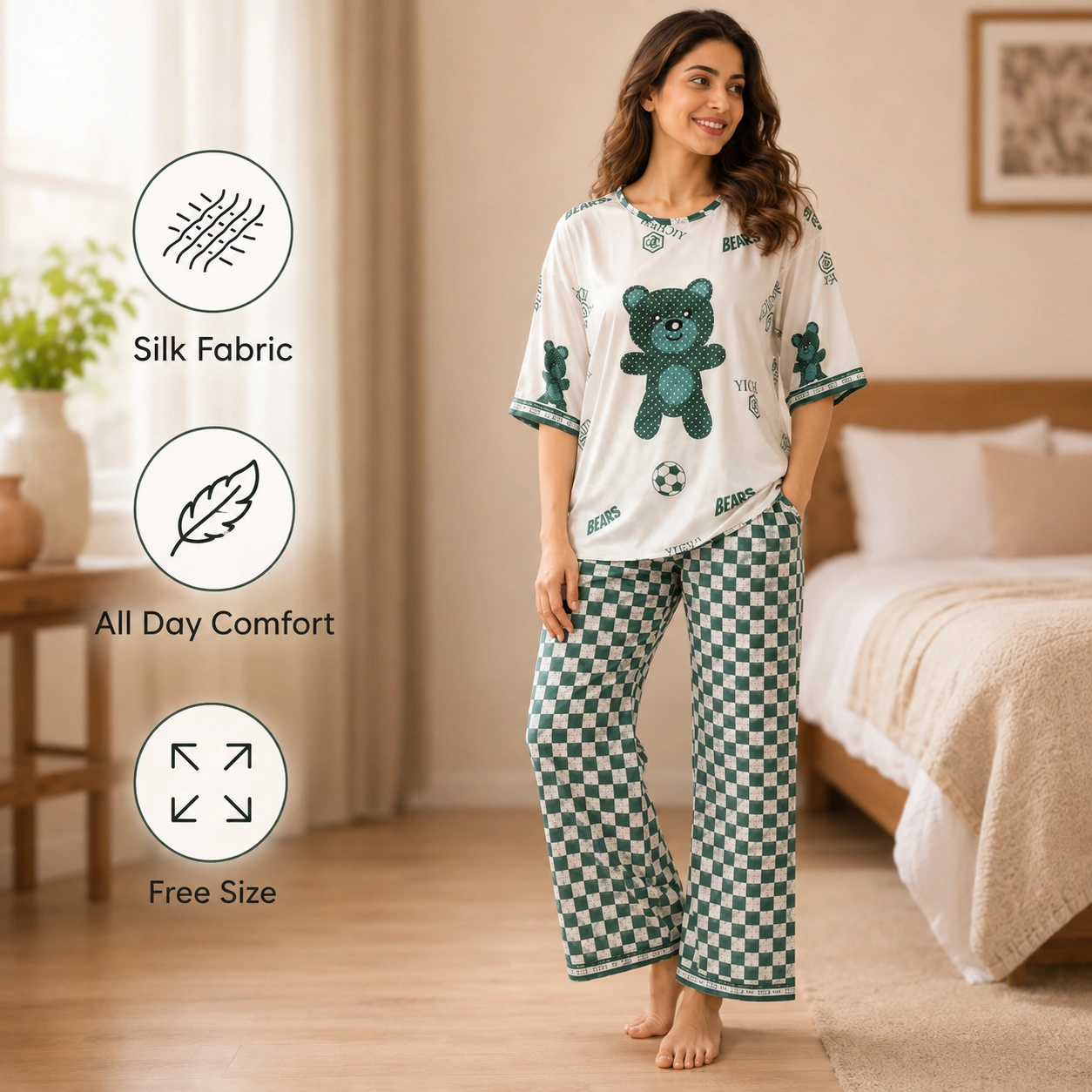 Woman wearing green and white teddy bear 3-piece pajama set with shirt trouser and nicker