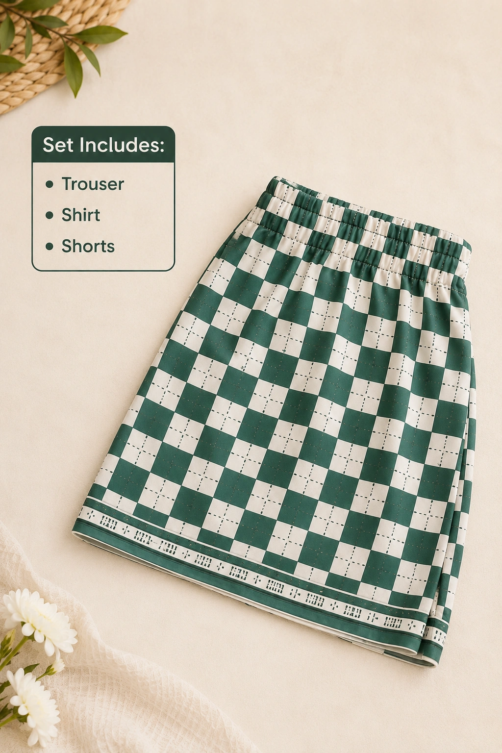 Woman wearing green and white teddy bear 3-piece pajama set with shirt trouser and nicker