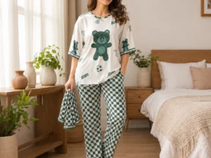 Woman wearing green and white teddy bear 3-piece pajama set with shirt trouser and nicker
