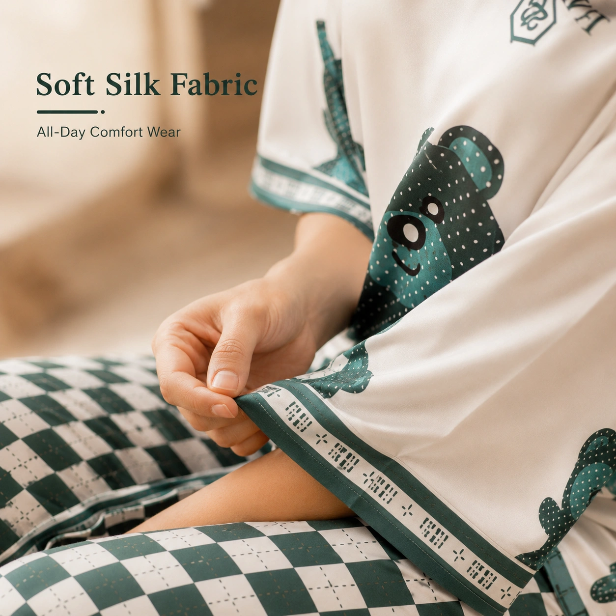 Women’s teddy bear printed 3-piece sleepwear set with checkered trouser and matching nicker
