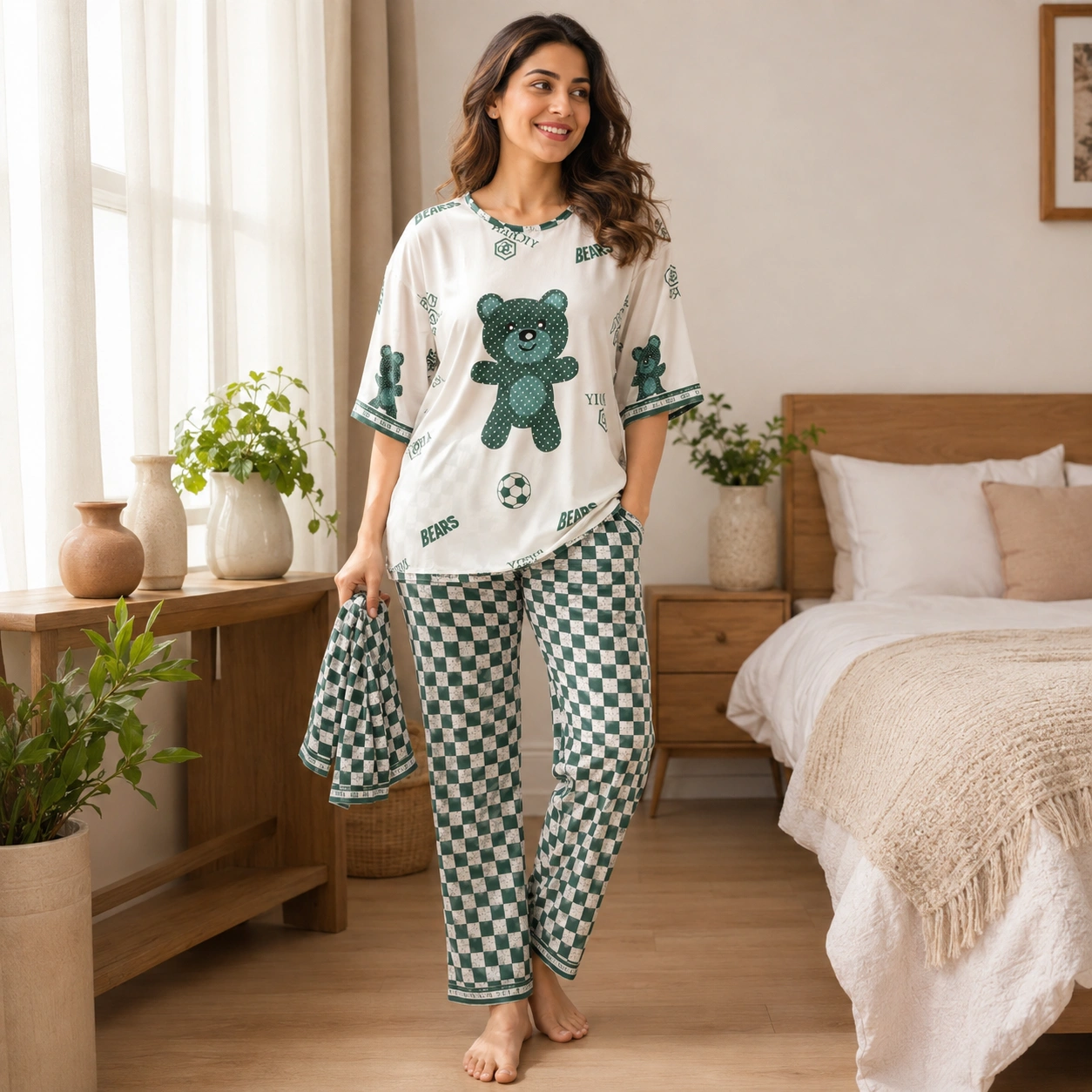 Woman wearing green and white teddy bear 3-piece pajama set with shirt trouser and nicker