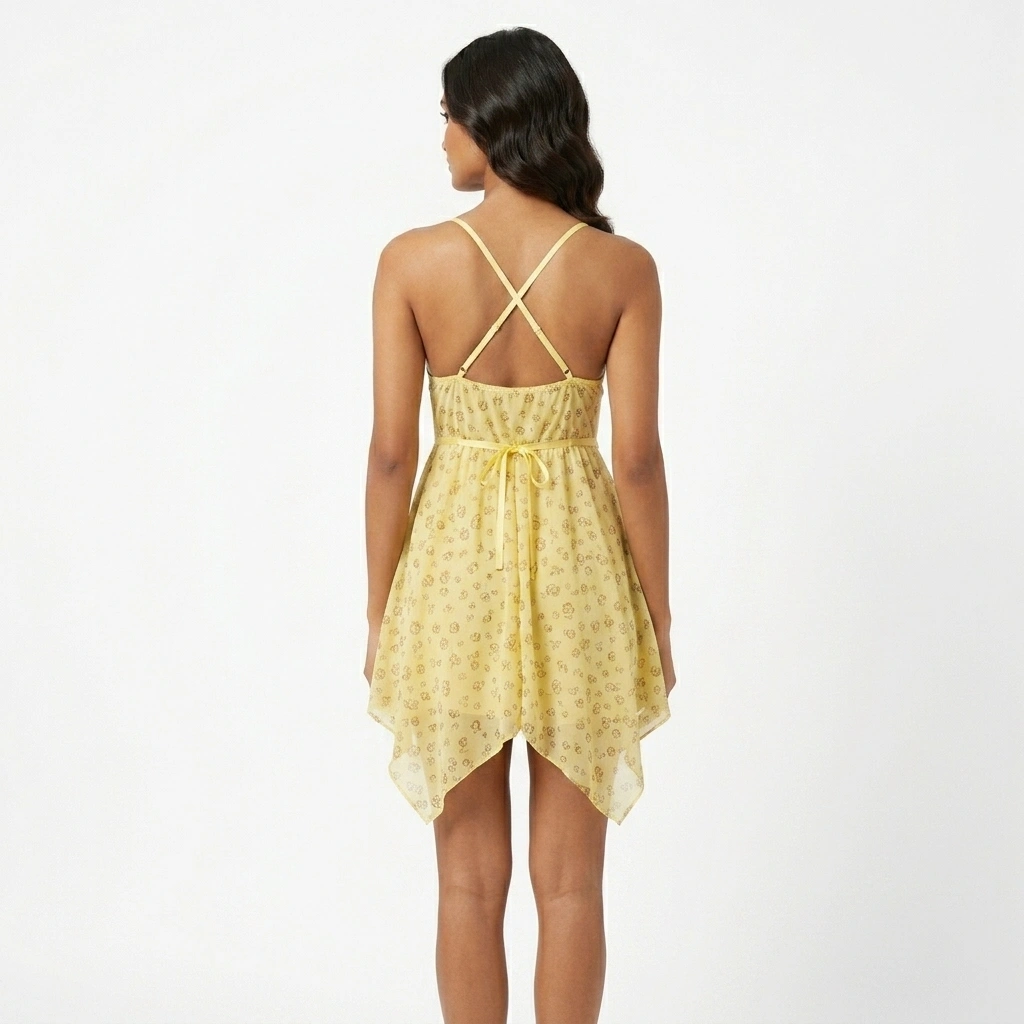 Back view of women's yellow floral babydoll night dress with criss-cross straps