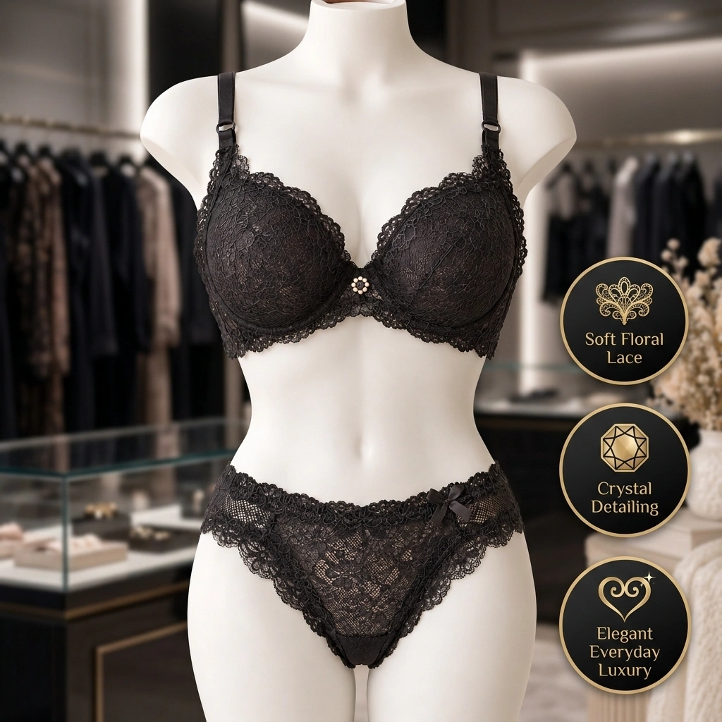 Women’s Black Lace Bra and Panty Set – Elegant Floral Lace Lingerie Set - Image 3
