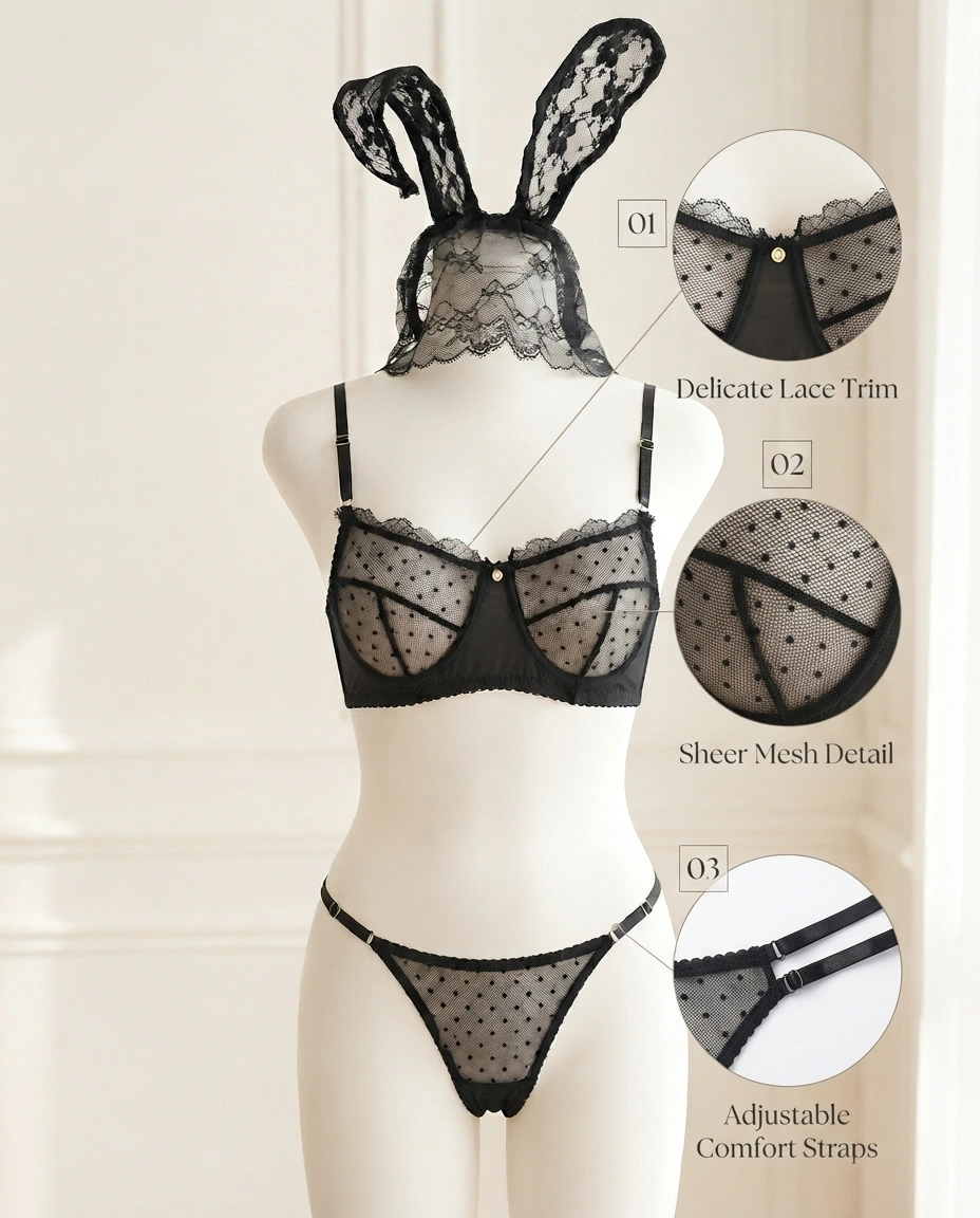 Black Lace Mesh Bra and Panty Set – Sheer Polka Dot Lingerie with Adjustable Straps - Image 4