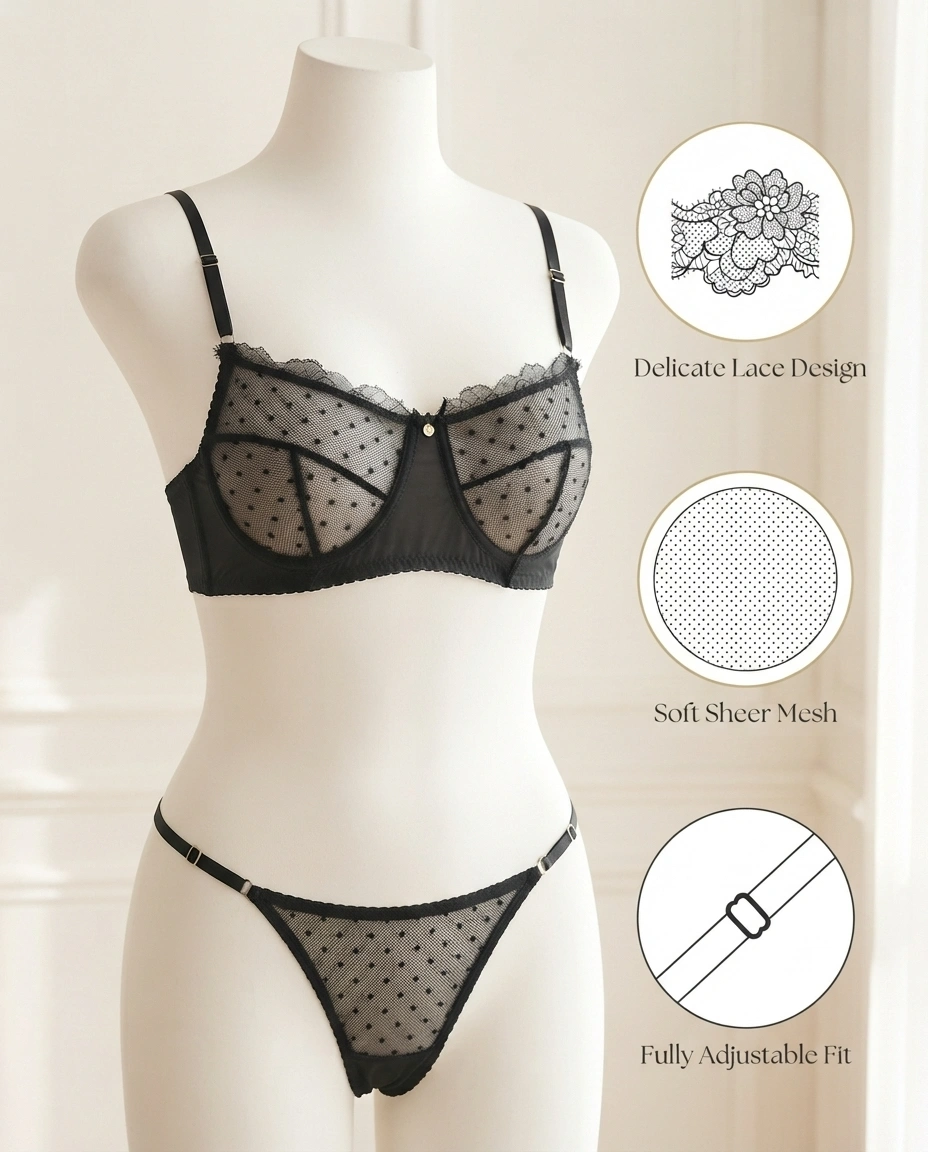 Black Lace Mesh Bra and Panty Set – Sheer Polka Dot Lingerie with Adjustable Straps - Image 3