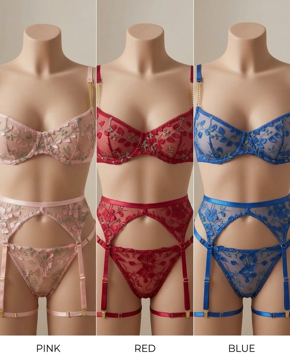 Floral embroidered garter lingerie set in pink with gold chain straps