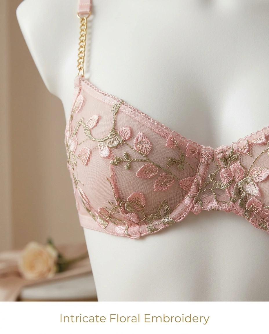 Floral Embroidered Garter Lingerie Set 3-Piece Bra, Panty & Garter Belt - Image 4