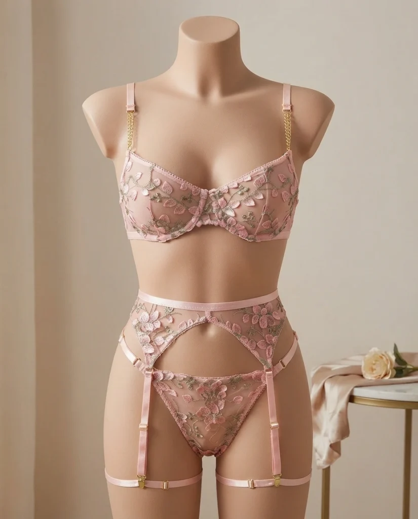Floral Embroidered Garter Lingerie Set – front view