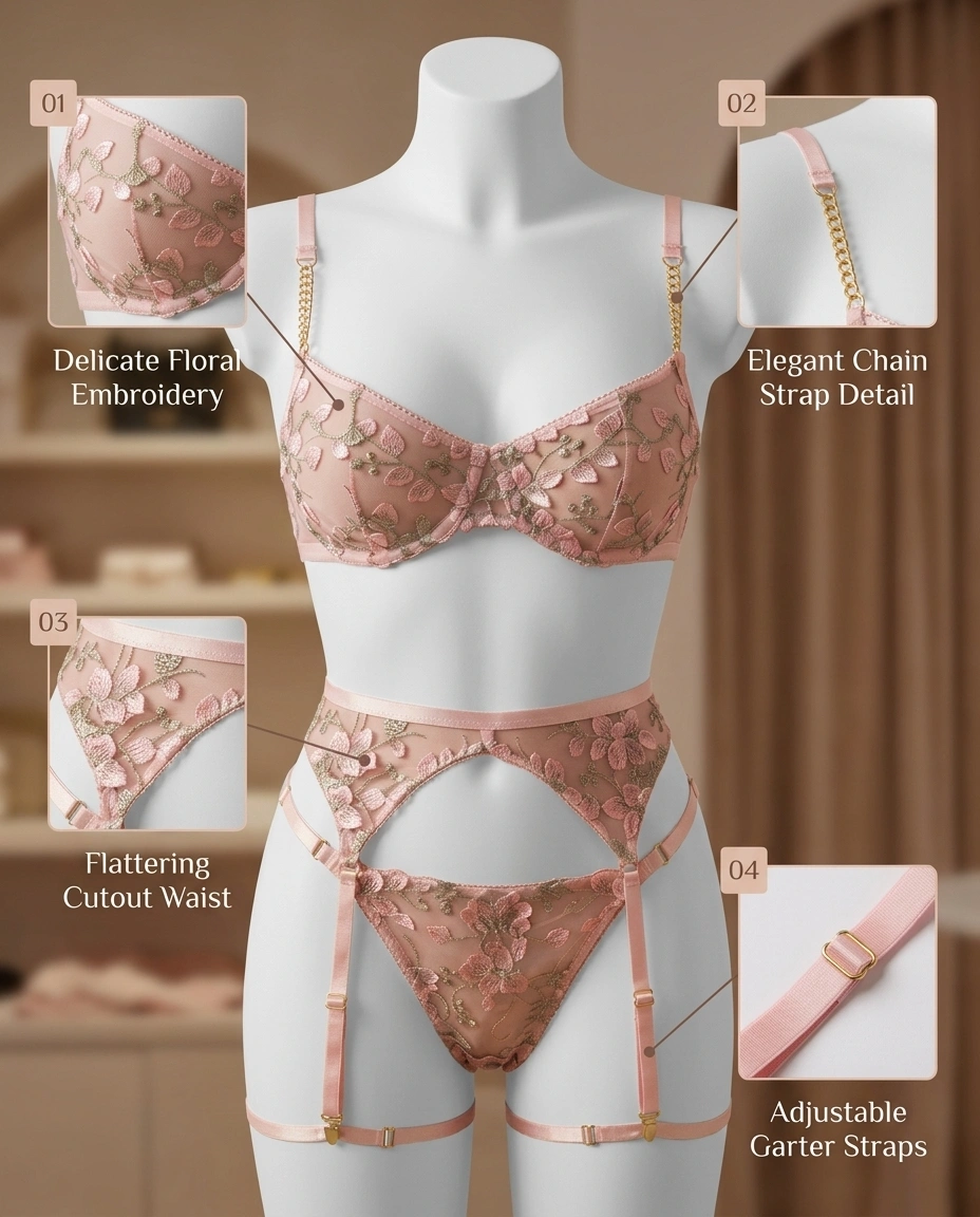 Floral Embroidered Garter Lingerie Set 3-Piece Bra, Panty & Garter Belt - Image 3