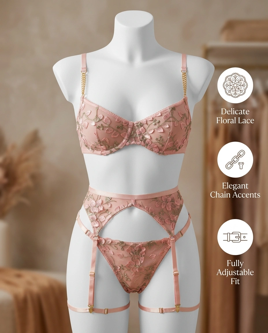 Floral embroidered garter lingerie set in pink with gold chain straps